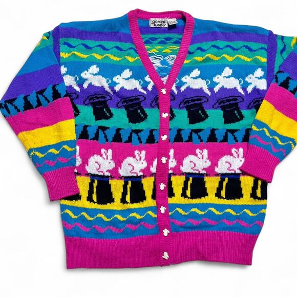 Gerard Works 80s Vintage Magician Magic Rabbit Sweater Cardigan Small - Picture 2 of 8